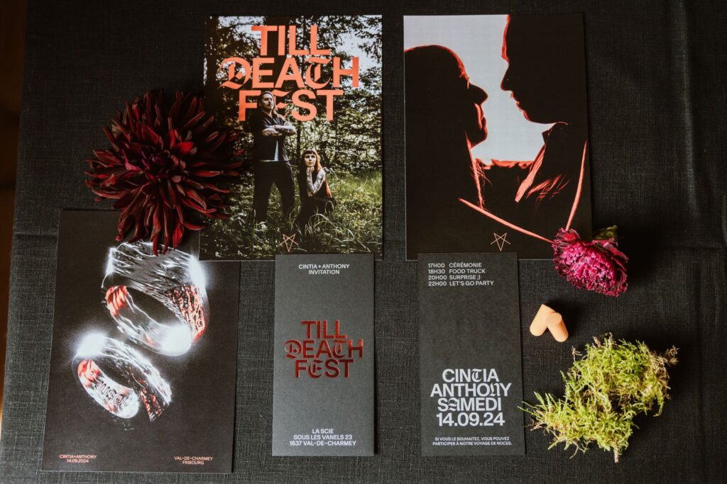 Mariage Atypique en Suisse à La Scie, Buvette de la Patinoire à Charmey. Mariés tatoués, mariage Metal, ambiance rock Suisse, Photographe de Mariage atypique